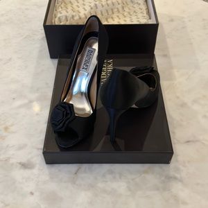 Black satin Badgley Mischka peep toe pumps